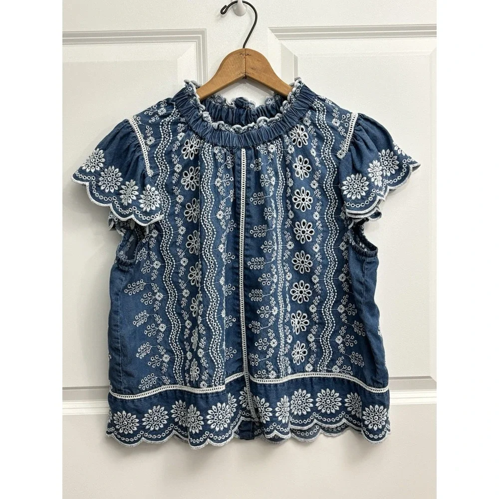 Jennifer&Grace Shirt Womens L Blue Eyelet Embroidered Boho Flutter Sleeve 0350 - Picture 1 of 6